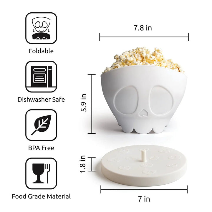 White silicone popcorn bowl with measurements and features on a white background