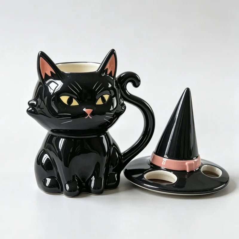 Black Cat Mug with Witch Hat Lid for Halloween