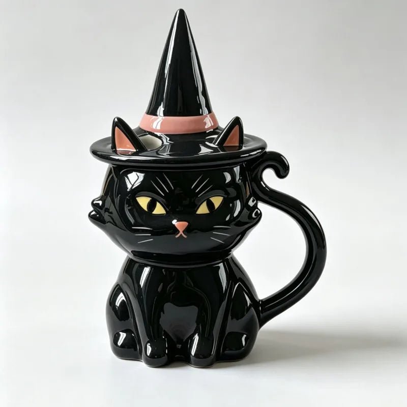 Black Cat Mug with Witch Hat Lid for Halloween
