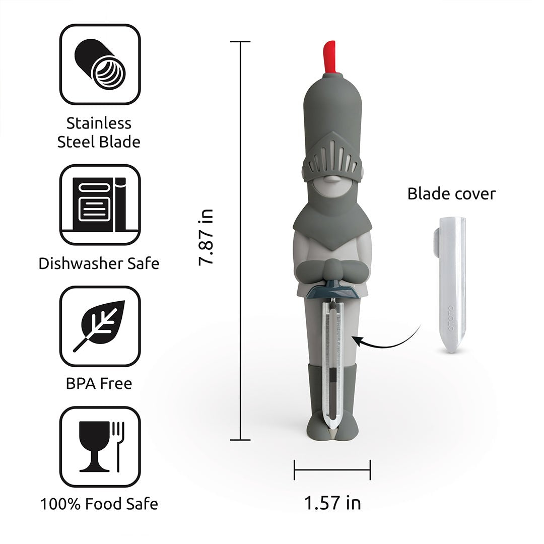 Knight-shaped knife with blade cover, measurements, and safety features on a white background