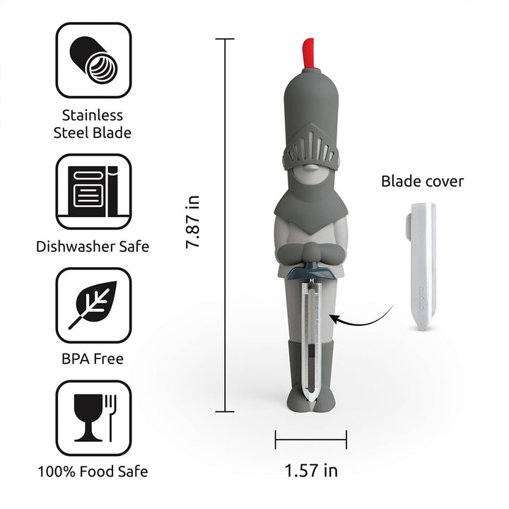 Knight-shaped knife with blade cover, measurements, and safety features on a white background