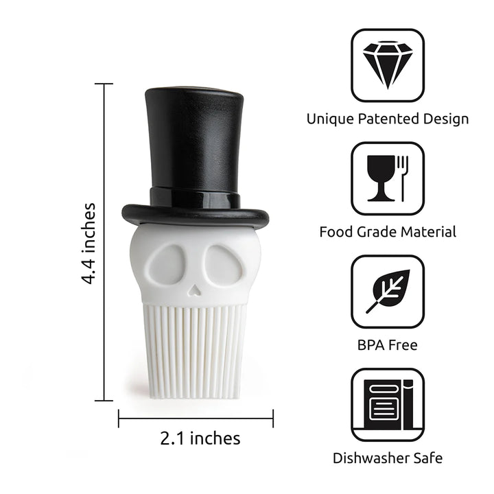 Skull-shaped brush with top hat design, measurements, and certification icons on a white background
