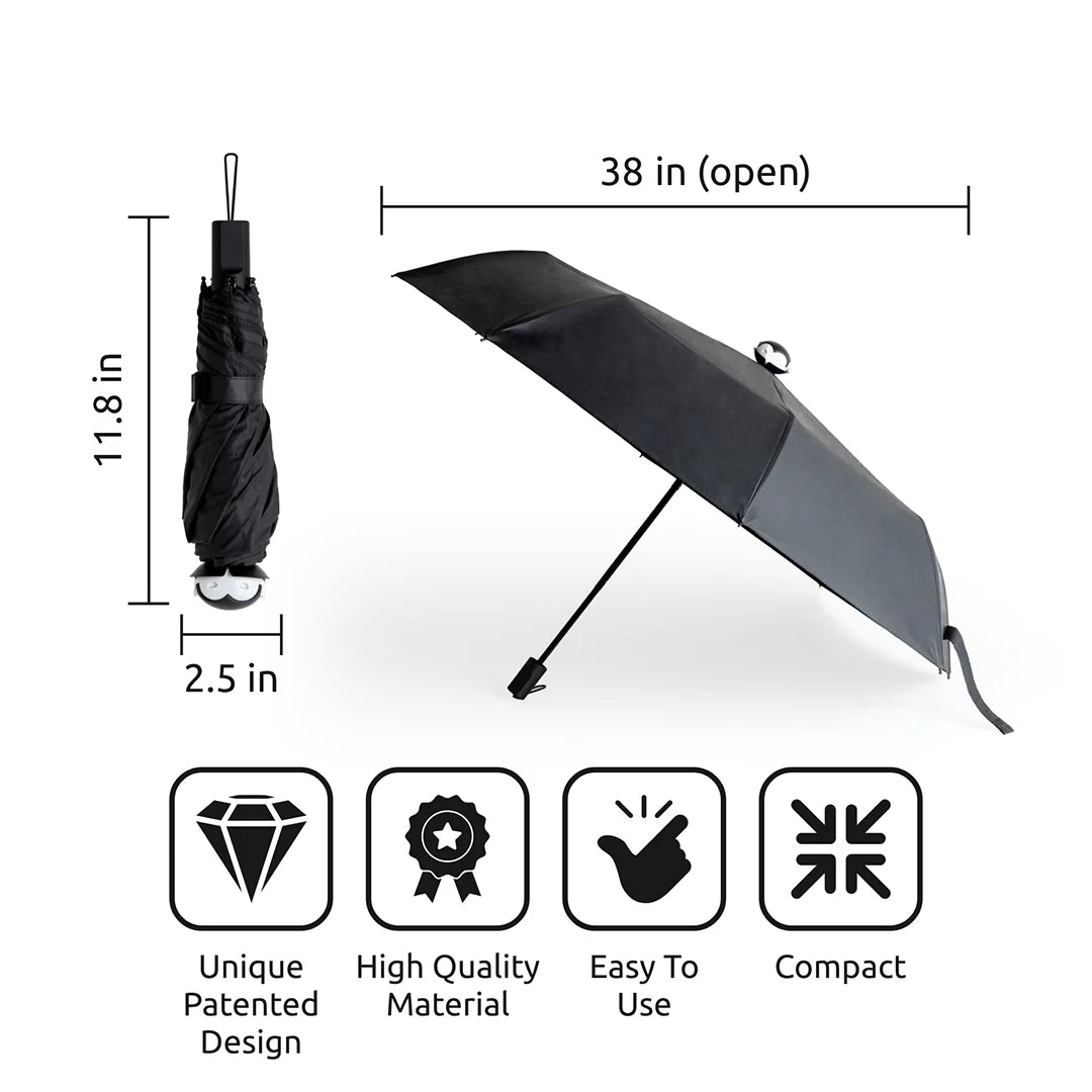 Black umbrella with measurements and feature icons on a white background
