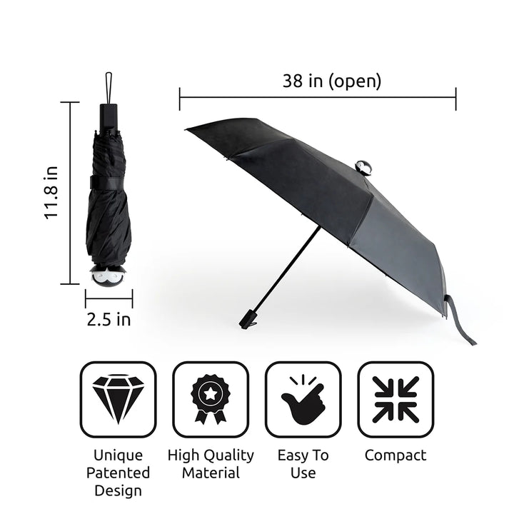 Black umbrella with measurements and feature icons on a white background