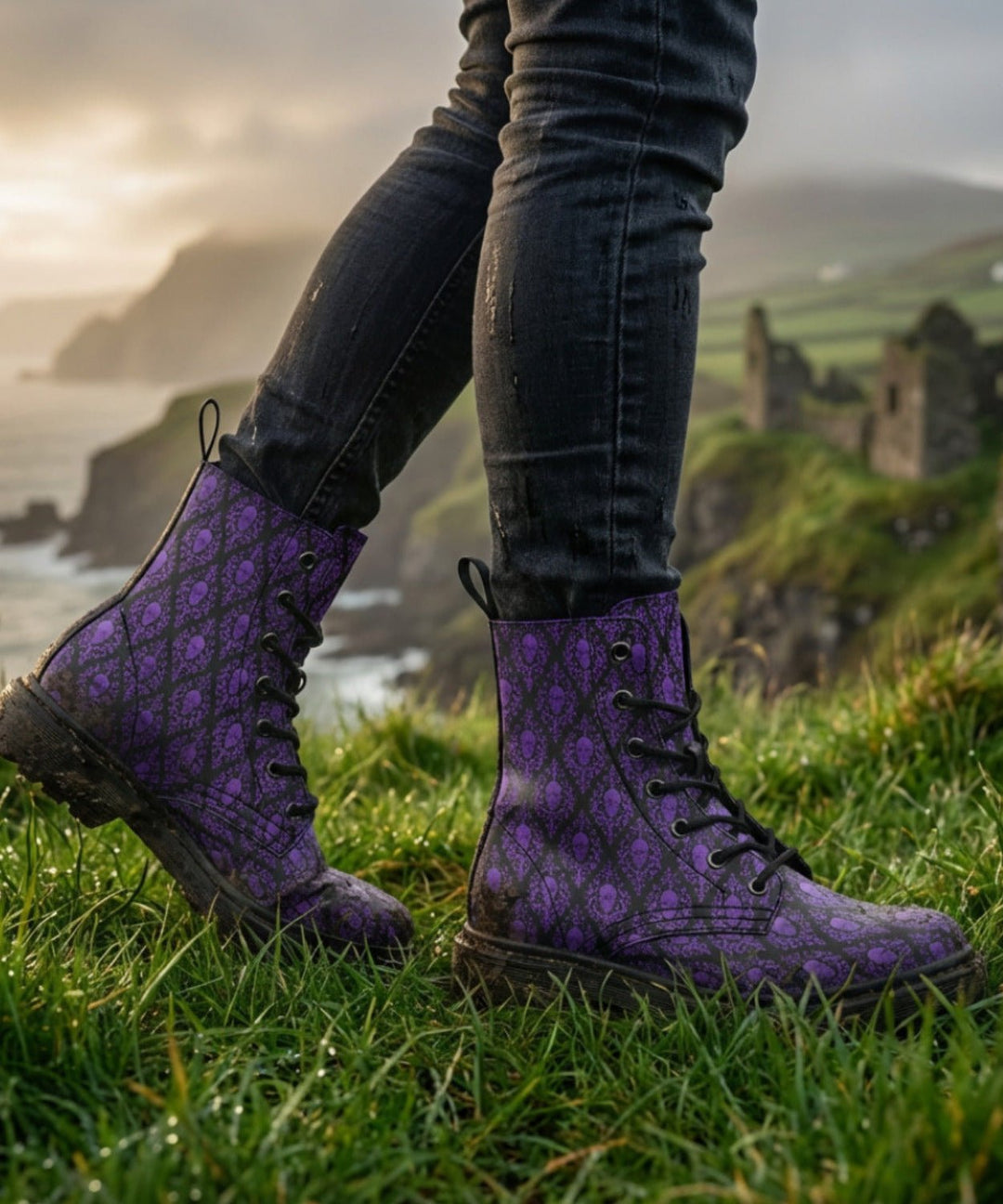 Victorian Skull Damask Boots - The Pagan Grimoire