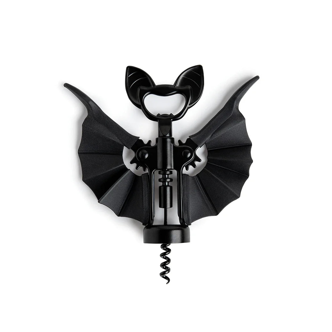 A black bat-shaped corkscrew opener with wings spread, shown on a clean white background.