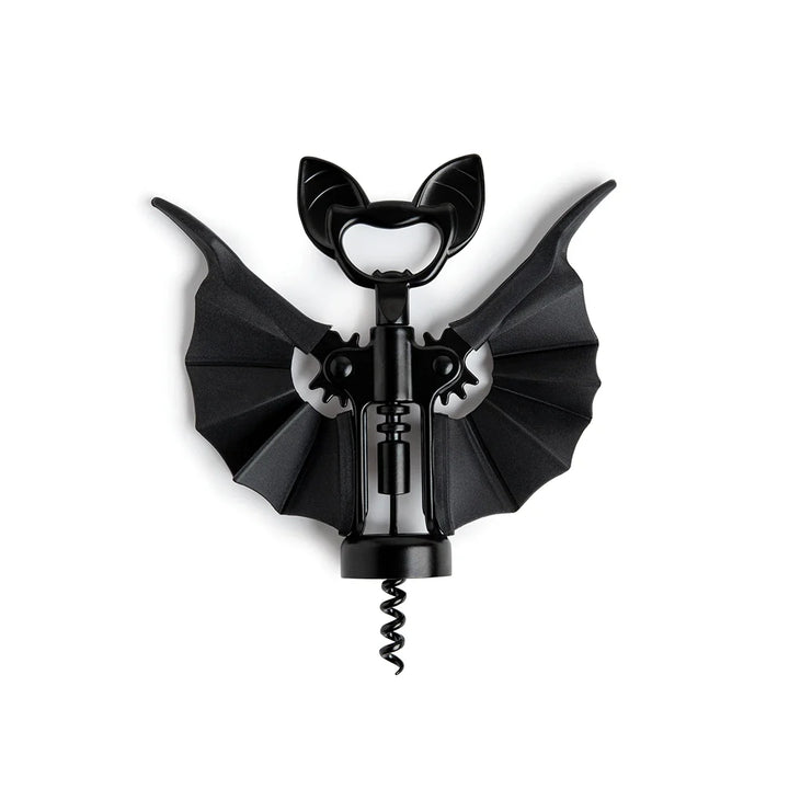A black bat-shaped corkscrew opener with wings spread, shown on a clean white background.