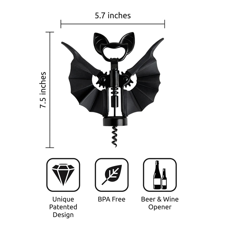 Black bat-shaped corkscrew with measurements and product features on a white background