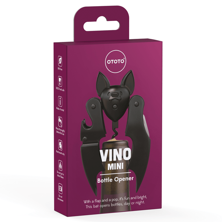 The retail packaging box for the OTOFO VINO Mini Bottle Opener, featuring a dark bat-shaped opener with a black body and a silver metal lever, set against a magenta-purple background on the box.