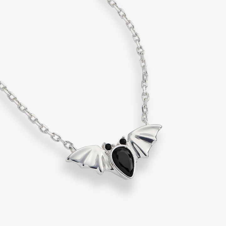 Silver necklace with a black heart pendant on a white background