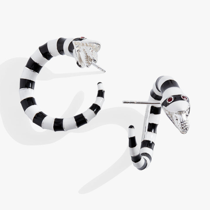Black and white striped snake-shaped earrings on a white background