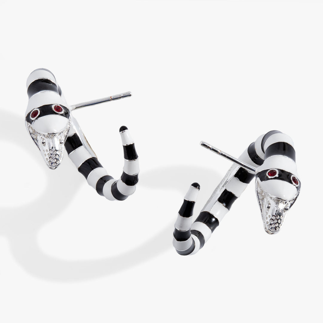 Snake-shaped earrings with black and white stripes on a white background