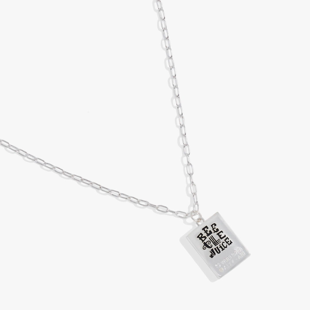 Silver Beetlejuice necklace with a rectangular pendant on a white background