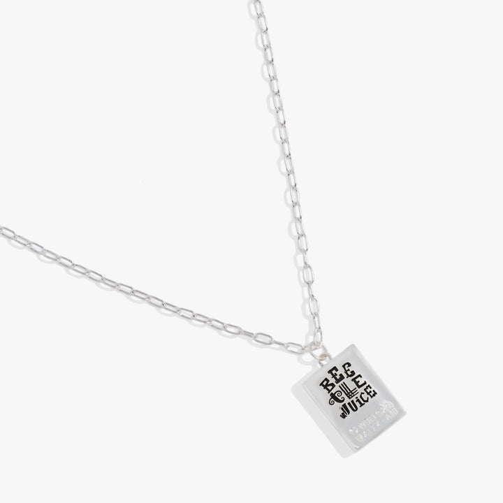 Silver Beetlejuice necklace with a rectangular pendant on a white background