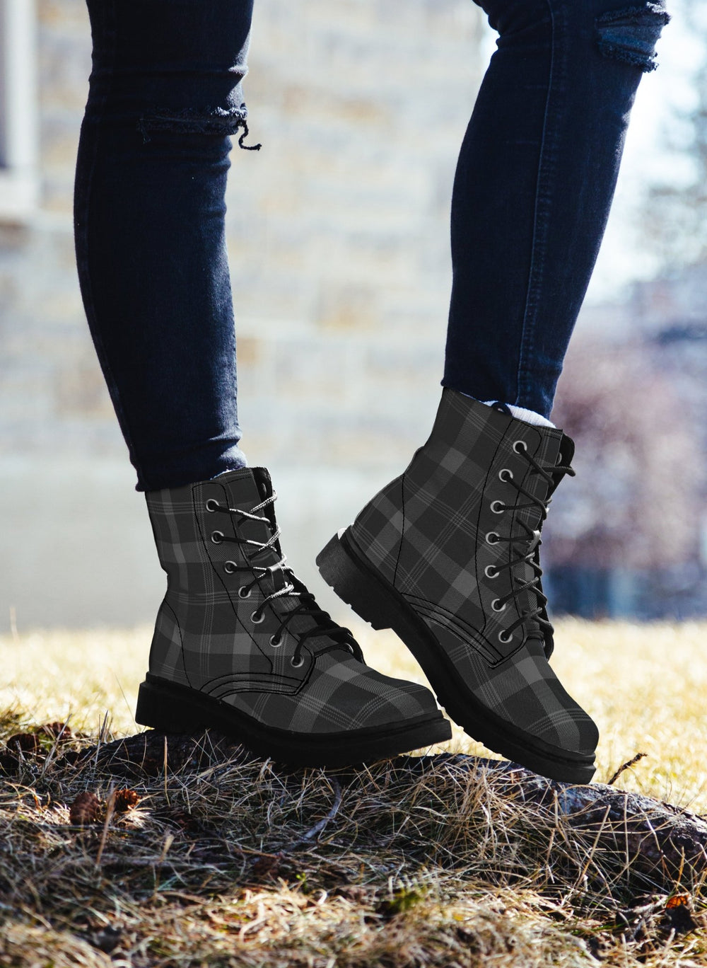 Black and Grey Plaid Boots - The Pagan Grimoire