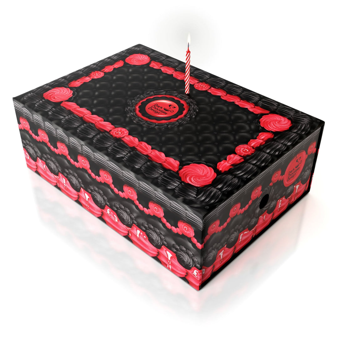 Decorative shoe box top with red roses and black striped pattern, candle.