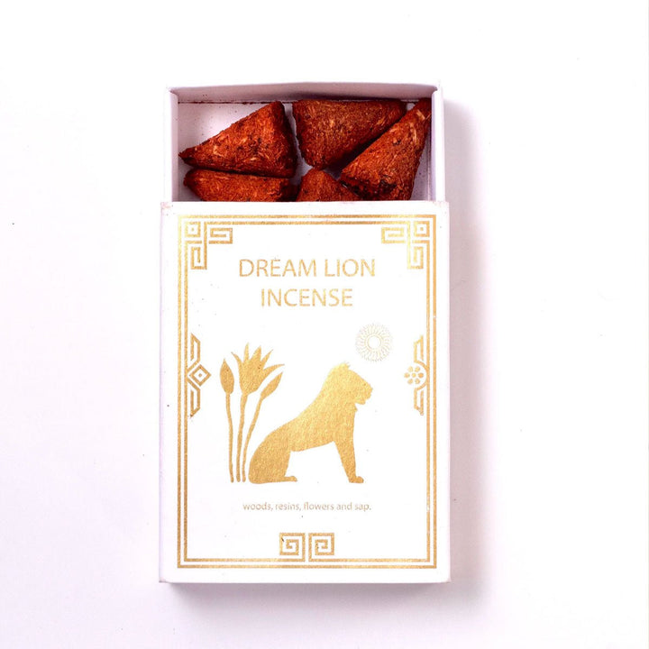 Nine treasures incense box with gold lion, geometric border, and red-brown cones inside.
