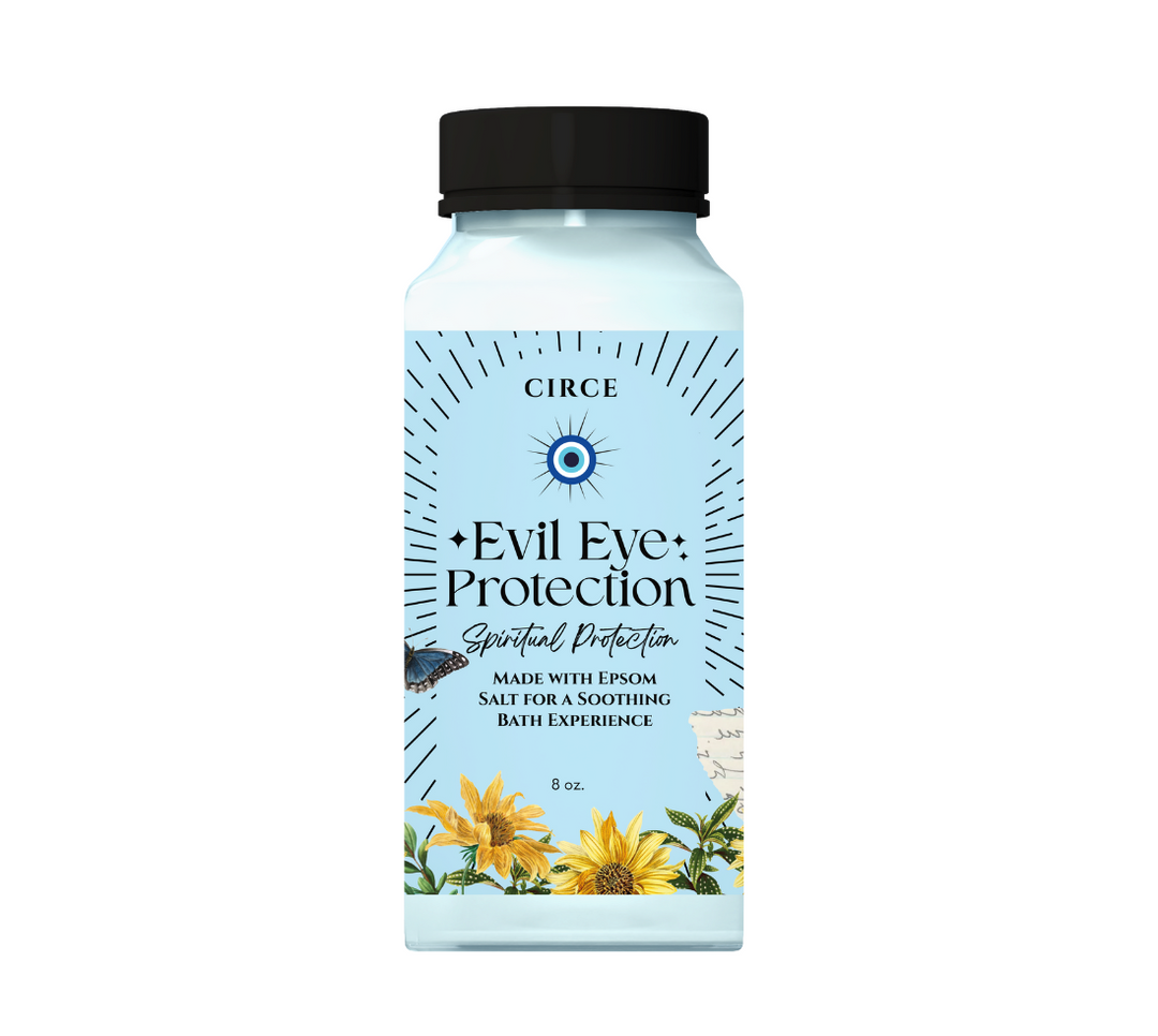 Bottle of Circe 'Evil Eye Protection' with a black lid on a white background
