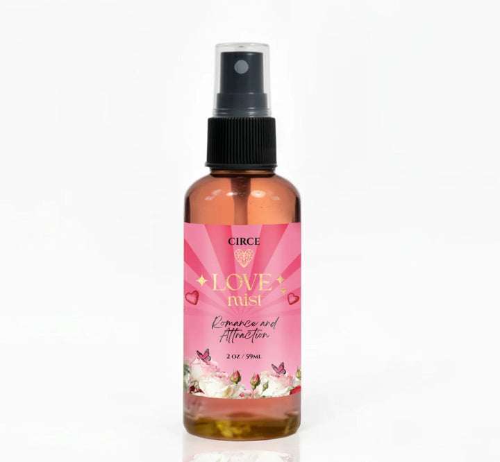 Bottle of Circe Love Mist with a pink label on a white background