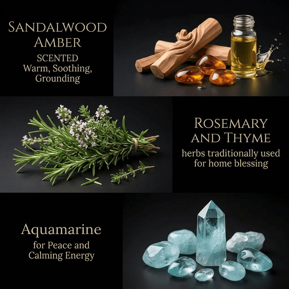 Collage of sandalwood, amber, rosemary, thyme, and aquamarine with descriptive text on a dark background.