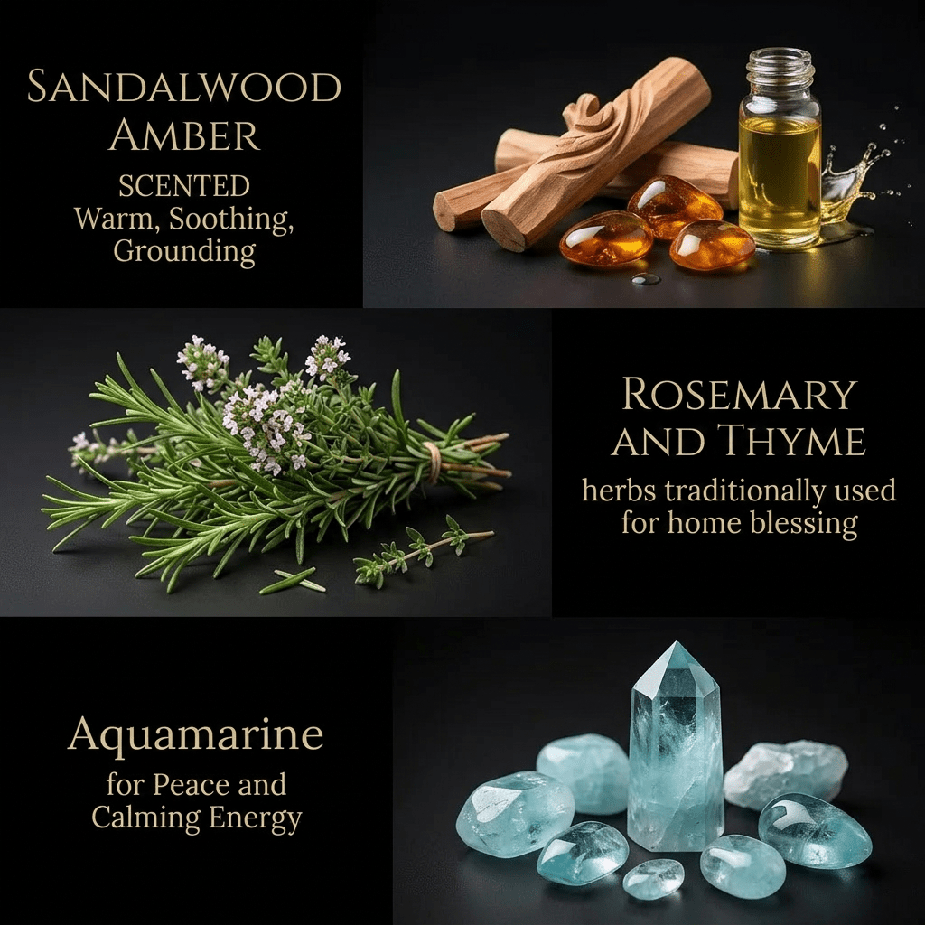 Collage of sandalwood, amber, rosemary, thyme, and aquamarine with descriptive text on a dark background.