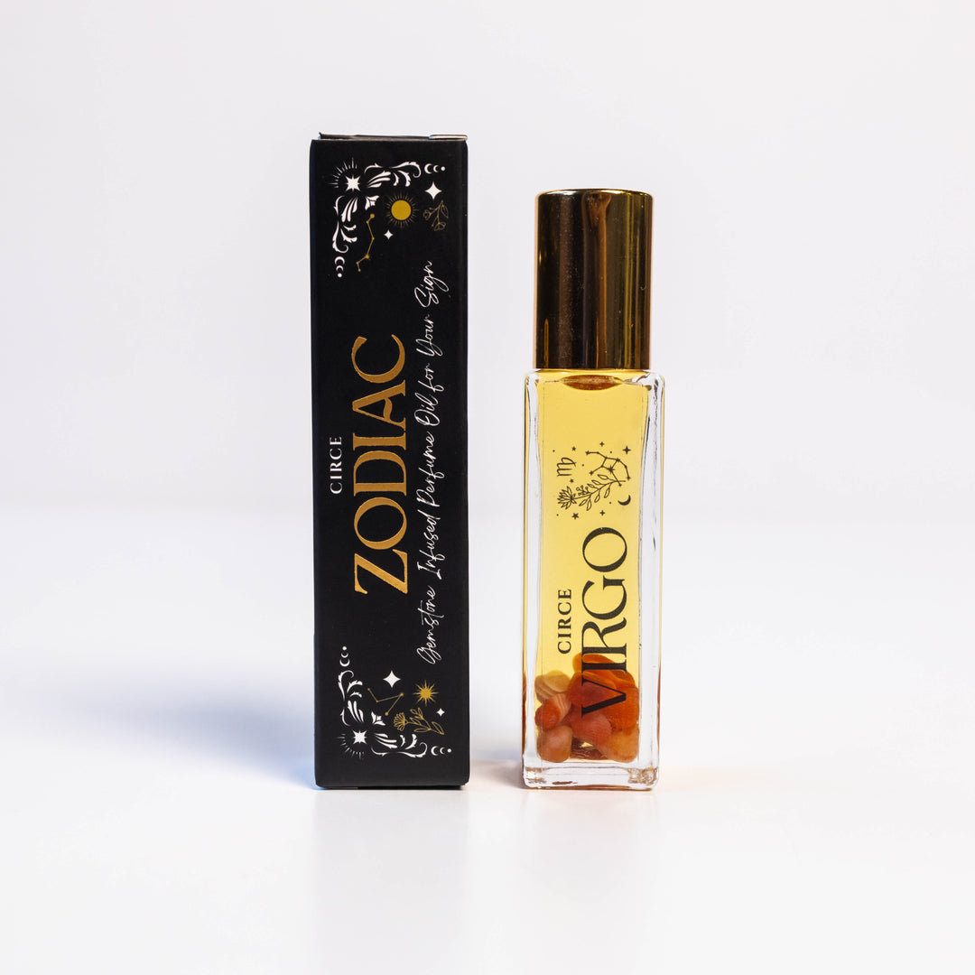 Perfume bottle labeled 'Virgo' by Circe Zodiac with packaging on a white background
