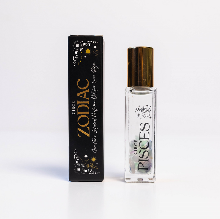 Perfume bottle labeled 'Pisces' by 'Circe Zodiac' with packaging on a white background