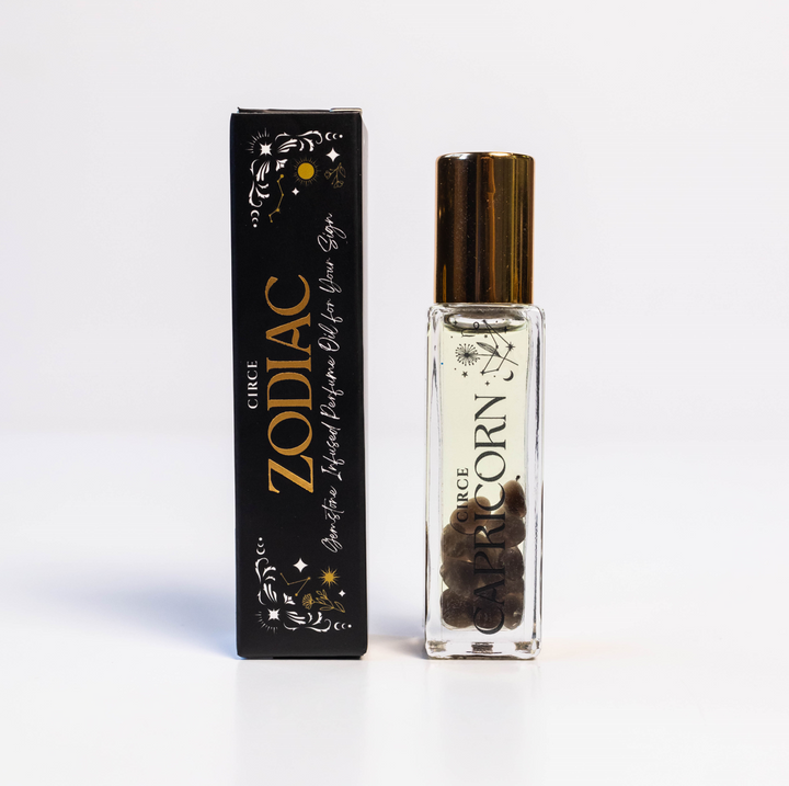 Perfume bottle and packaging with 'Zodiac' branding on a white background