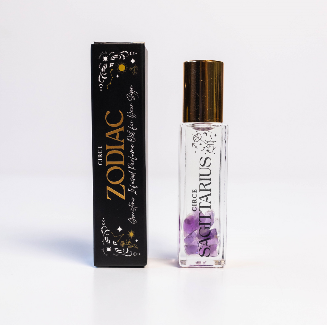 Perfume bottle labeled 'Sagittarius' by Circe Zodiac with packaging on a white background