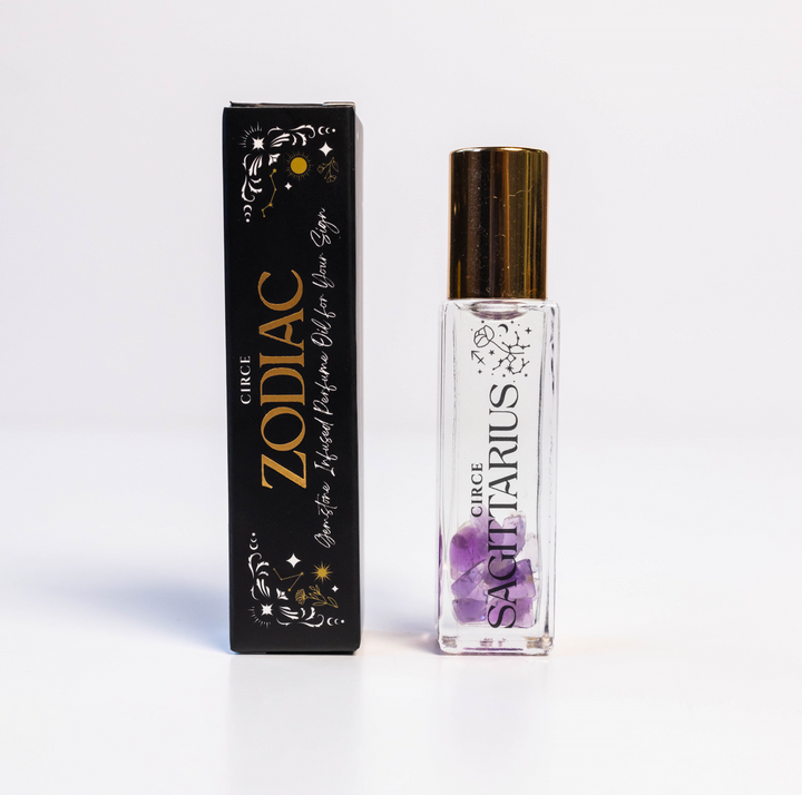 Perfume bottle labeled 'Sagittarius' by Circe Zodiac with packaging on a white background