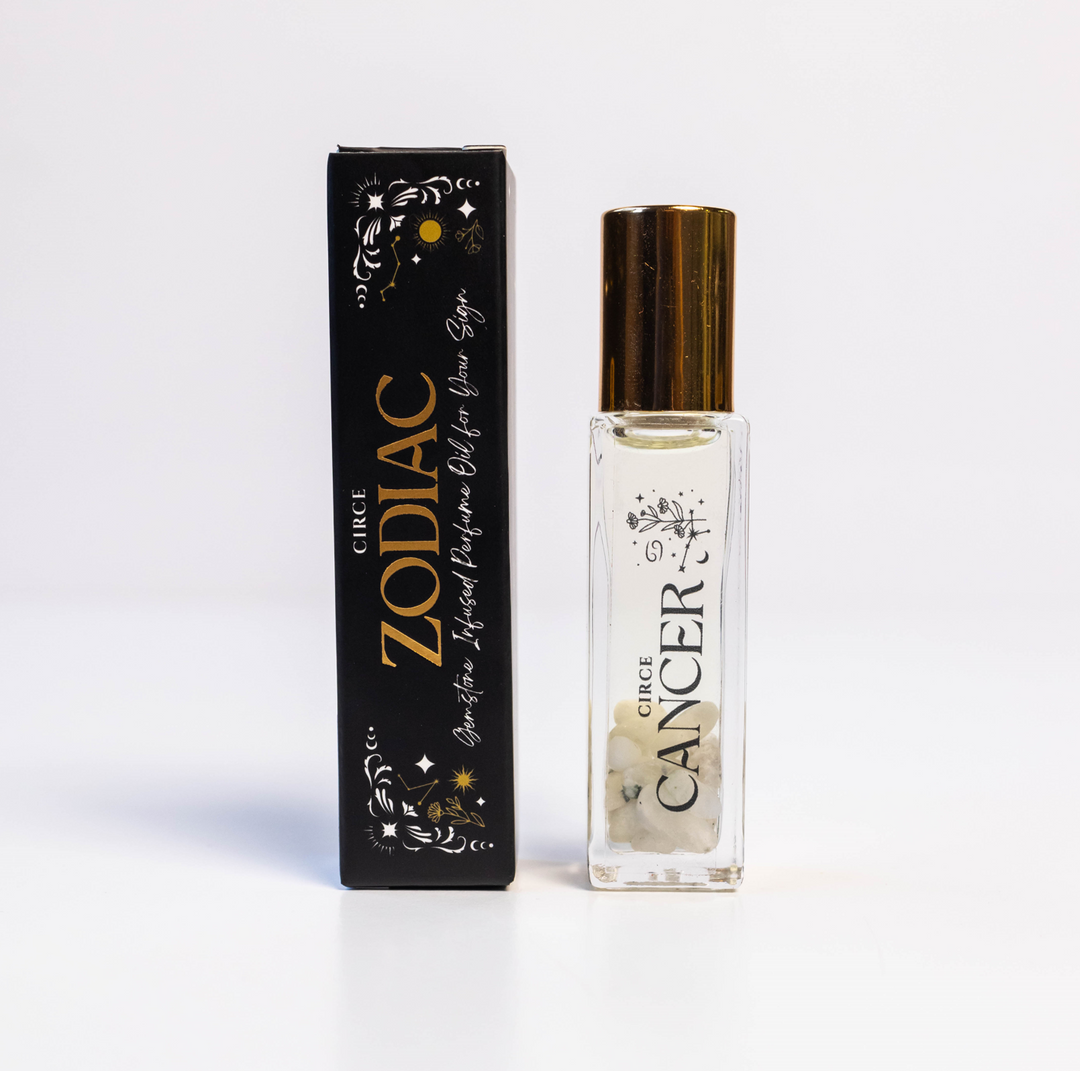 Perfume bottle labeled 'Cancer' from the Zodiac series with its packaging on a white background