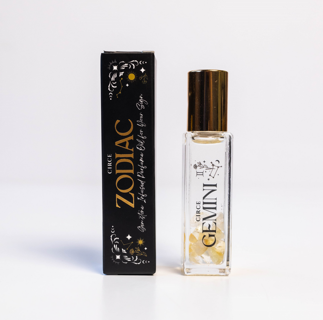 Perfume bottle labeled 'Gemini' by Circe Zodiac with packaging on a white background
